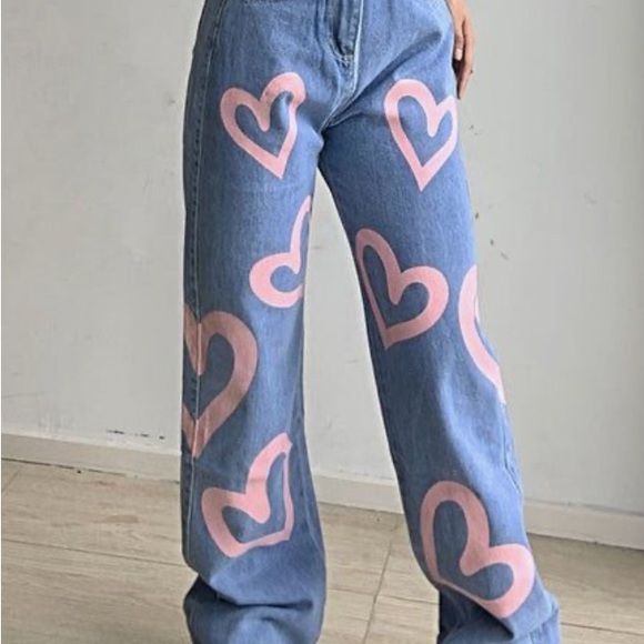 Colorful Natalie Women’s High Waisted Y2K Anime Heart Printed Jeans Size M Baggy - Picture 5 of 13